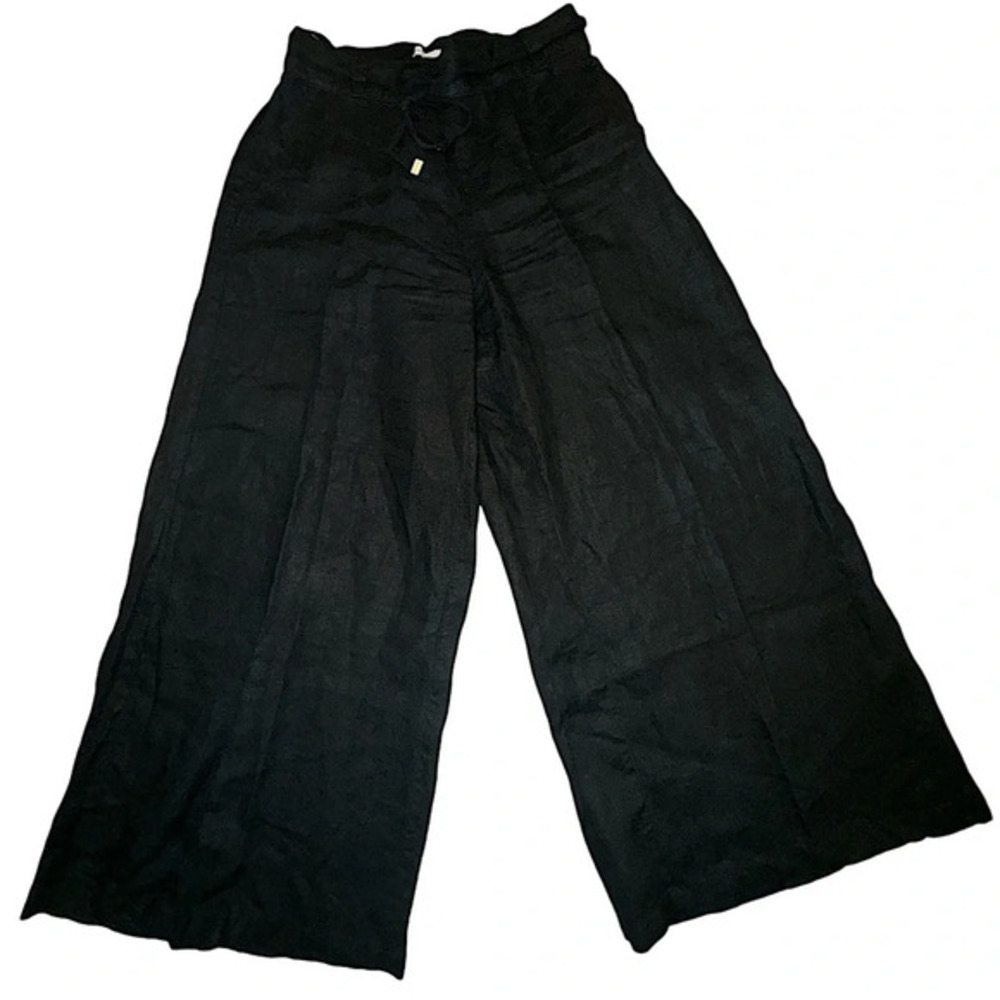 H by Halston Linen Wide Leg Ankle Crop Pants in Black with Pockets S - Picture 2 of 11